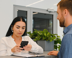 Frontline salesperson using phone to help accountholder.