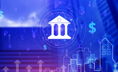rewards-checking-7 Bank symbol surrounded by currency symbols.