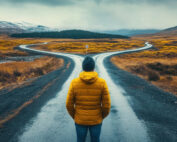 Road decision moment, with a person choosing between two paths in a scenic landscape, road decision, life choices.--p l6r4il2